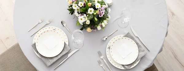 Beautiful Festive Table Setting Flowers Top View — Stock Photo, Image