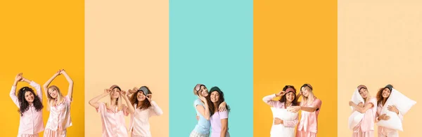 Vackra Unga Kvinnor Pyjamas Färg Bakgrund Med Utrymme För Text — Stockfoto