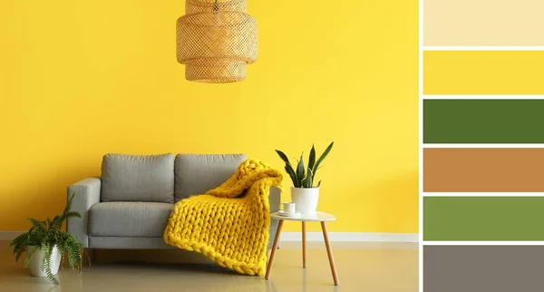 Interior of living room with sofa near yellow wall. Different color patterns