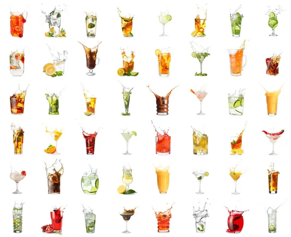 Set Diferentes Bebidas Con Salpicaduras Aisladas Blanco —  Fotos de Stock