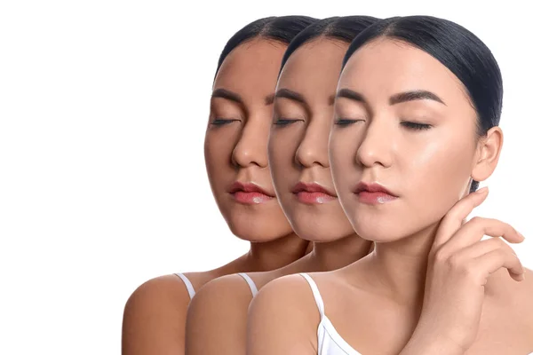 Beyaz Arka Planda Güzel Bir Asyalı Kadın Seti Bronzlaşma Süreci — Stok fotoğraf
