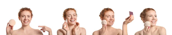 Set Beautiful Young Redhead Woman Makeup Sponges White Background — Stock Photo, Image