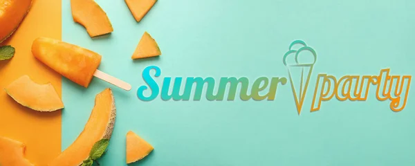 用甜瓜冰淇淋做的夏季派对广告横幅 — 图库照片