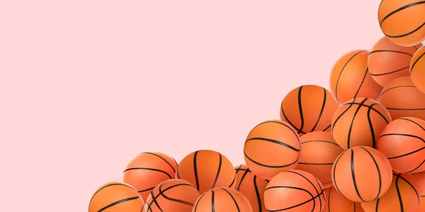 Muchas Bolas Baloncesto Sobre Fondo Rosa Con Espacio Para Texto — Foto de Stock