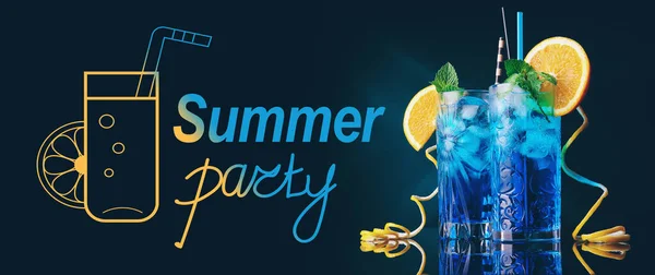 Advertisement Banner Summer Party Glasses Blue Lagoon Cocktail — Stockfoto