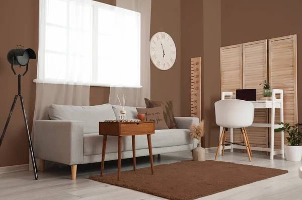 Interior of modern living room in brown colors