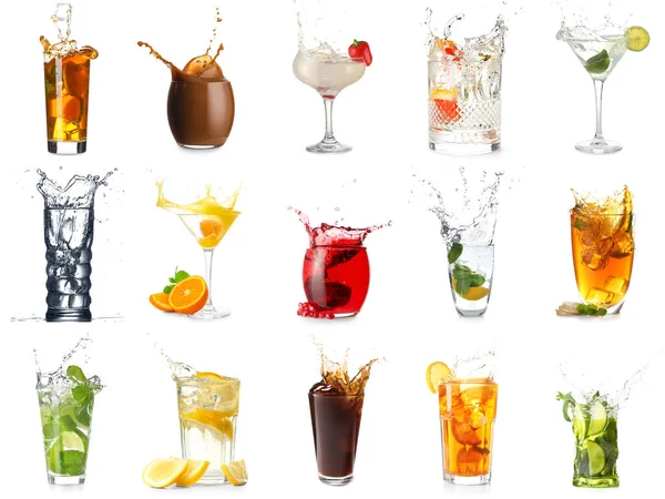Set Different Drinks Splashes Isolated White — Stockfoto