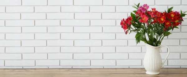 Vase Bouquet Beautiful Alstroemeria Flowers Table Light Brick Wall Banner — Stock Photo, Image