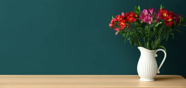Vase Bouquet Beautiful Alstroemeria Flowers Table Dark Wall Banner Design — Stock Photo, Image