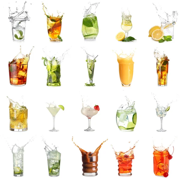 Set Different Drinks Splashes Isolated White — Stock Photo, Image