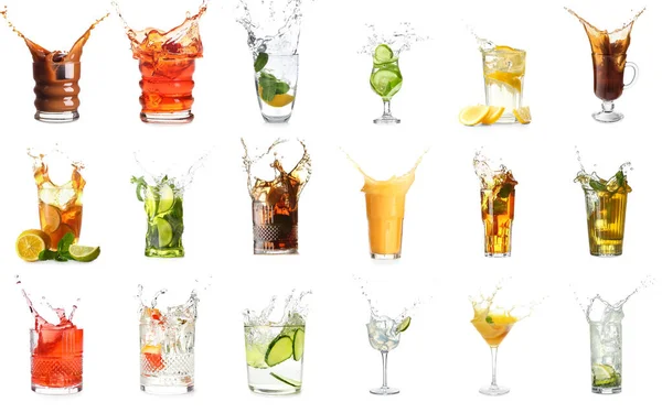 Conjunto Diferentes Bebidas Com Salpicos Isolados Branco — Fotografia de Stock