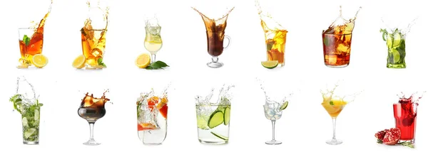 Set Von Verschiedenen Getränken Mit Spritzern Isoliert Auf Weiß — Stockfoto