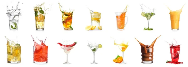Conjunto Diferentes Bebidas Com Salpicos Isolados Branco — Fotografia de Stock