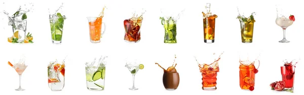 Set Von Verschiedenen Getränken Mit Spritzern Isoliert Auf Weiß — Stockfoto