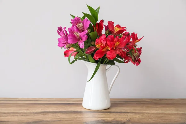 Vase Beautiful Alstroemeria Flowers Wooden Table — Stock Photo, Image