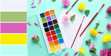 Turkuaz arka planda çiçekler ve boyalar olan güzel bir kompozisyon. Farklı renk desenleri