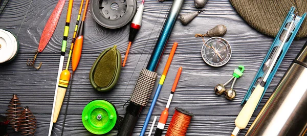 Different Fishing Equipment Wooden Background Top View — Stockfoto