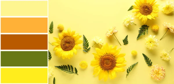 Hermosa Composición Con Flores Sobre Fondo Amarillo Diferentes Patrones Color — Foto de Stock