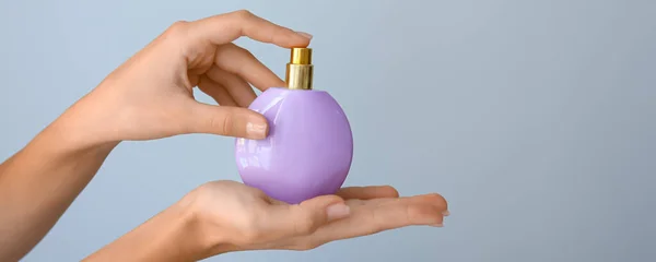 Female Hands Bottle Perfume Grey Background — Stock Photo, Image