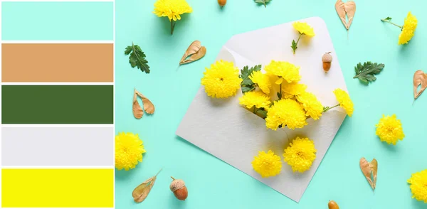 Krásná Kompozice Květinami Obálkou Tyrkysovém Pozadí Různé Vzory Barev — Stock fotografie