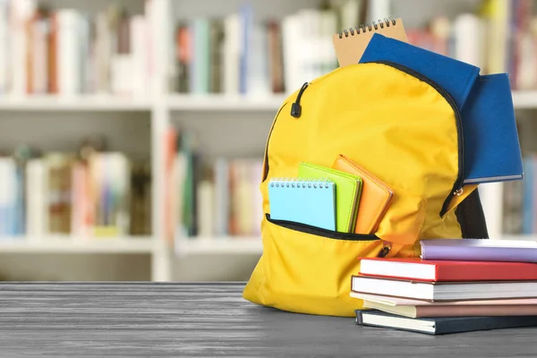 School Backpack Stationery Wooden Table Library — Stock Photo, Image