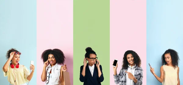 Collage Junger Afroamerikanischer Frauen Mit Handy Auf Farbigem Hintergrund Mit — Stockfoto