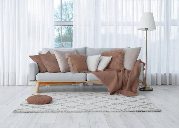 Grey Sofa Cozy Pillows Plaid Lamp Window Light Living Room — Stock Photo, Image