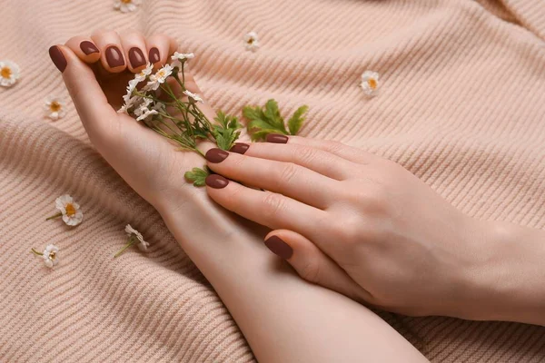 Mains Avec Belle Manucure Marron Fleurs Sur Tissu — Photo