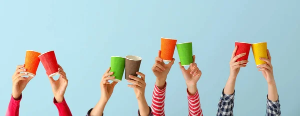 Many Hands Cups Coffee Light Blue Background — Stock Photo, Image
