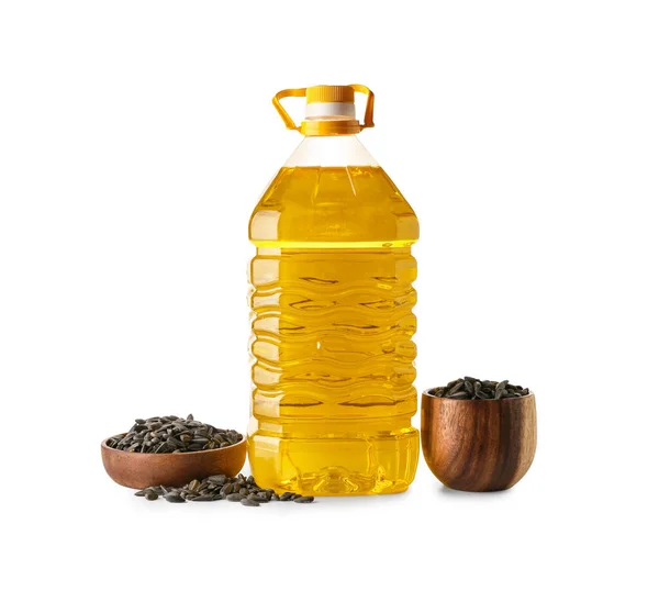 Bottle Oil Bowls Sunflower Seeds White Background — Stock Photo, Image