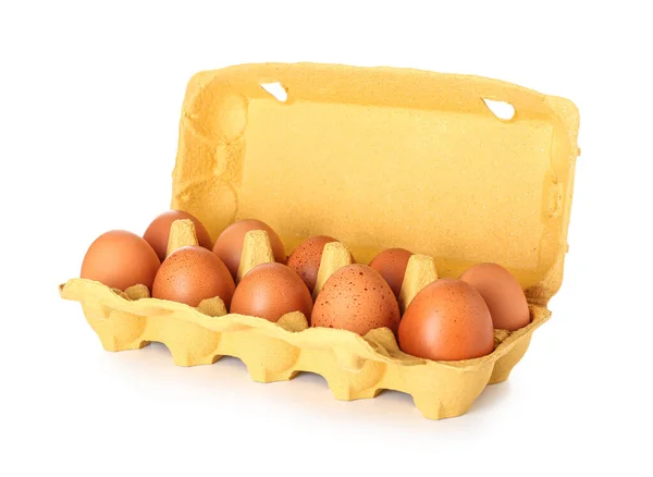 Soporte Cartón Con Huevos Pollo Aislados Sobre Fondo Blanco — Foto de Stock