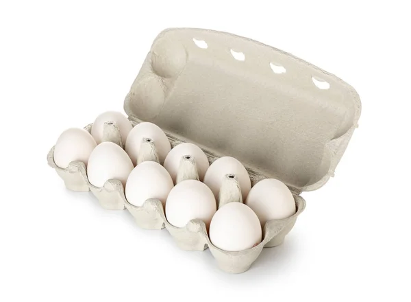 Kartonhouder Met Verse Eieren Witte Achtergrond — Stockfoto