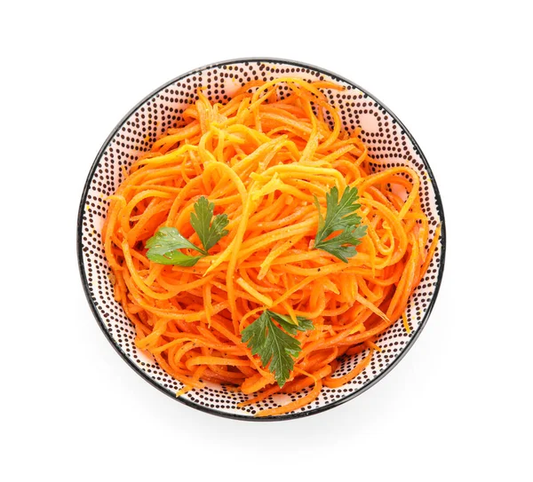 Чаша Вкусного Корейского Морковного Салата Белом Фоне — стоковое фото