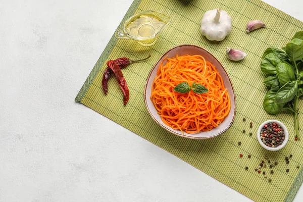 Composition Bowl Korean Carrot Salad Ingredients Light Background — Stock Photo, Image
