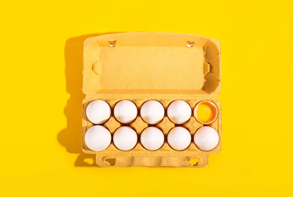 Cardboard Holder Chicken Eggs Yellow Background — Stock Photo, Image
