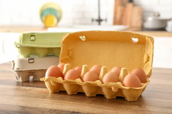 Cardboard Holder Chicken Eggs Wooden Table — Stockfoto