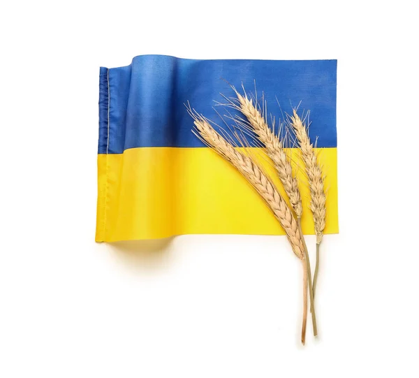 Wheat Spikelets Flag Ukraine White Background — Stock Photo, Image