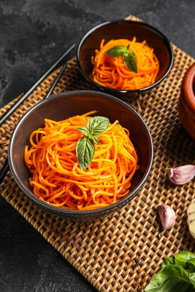 Bowls Spicy Carrot Salad Wicker Mat Stock Image