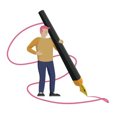 Beyaz arkaplanda büyük mürekkep kalemi olan yazar