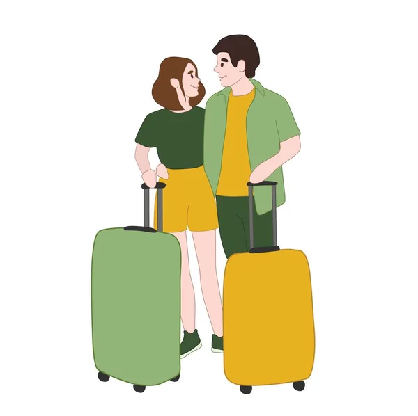 Paar Touristen Mit Gepäck Auf Weißem Hintergrund — Stockvektor
