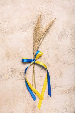 Arkaplanda Ukrayna bayrağı renginde buğday başlıkları ve kurdeleler