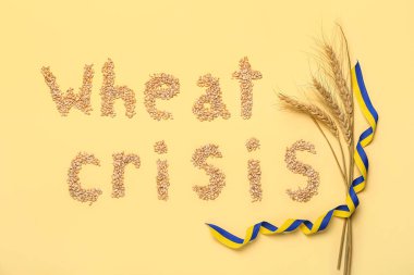 Renkli arkaplanda Ukrayna bayrağı renginde Buğday Krizi, dikenler ve kurdeleler