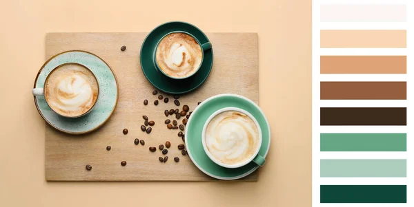 Egy Csésze Forró Cappuccino Bézs Háttérrel Különböző Színminták — Stock Fotó