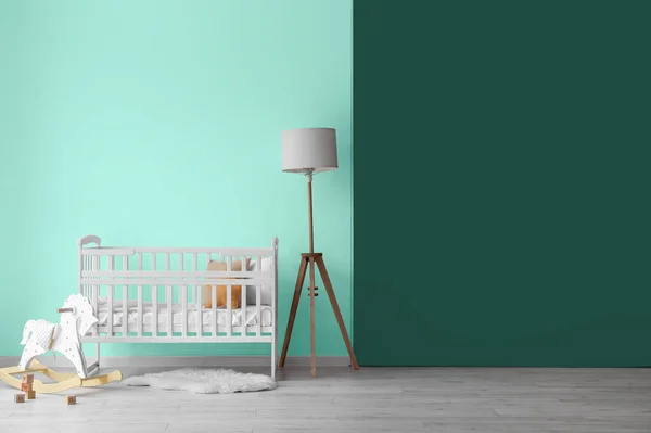 Interior Children Room Baby Crib Floor Lamp Mint Wall — Stock Photo, Image