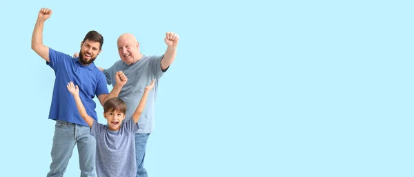 Happy Man His Little Son Father Light Blue Background Space — Stock Photo, Image