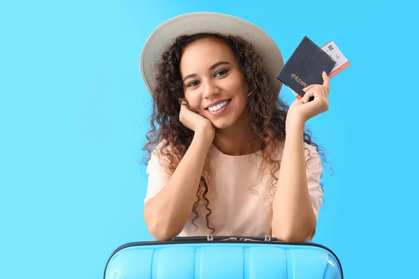 Young African American Woman Passport Suitcase Blue Background — Stock Photo, Image