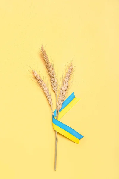 Wheat Spikelets Ribbons Colors Ukrainian Flag Yellow Background — Stock Photo, Image