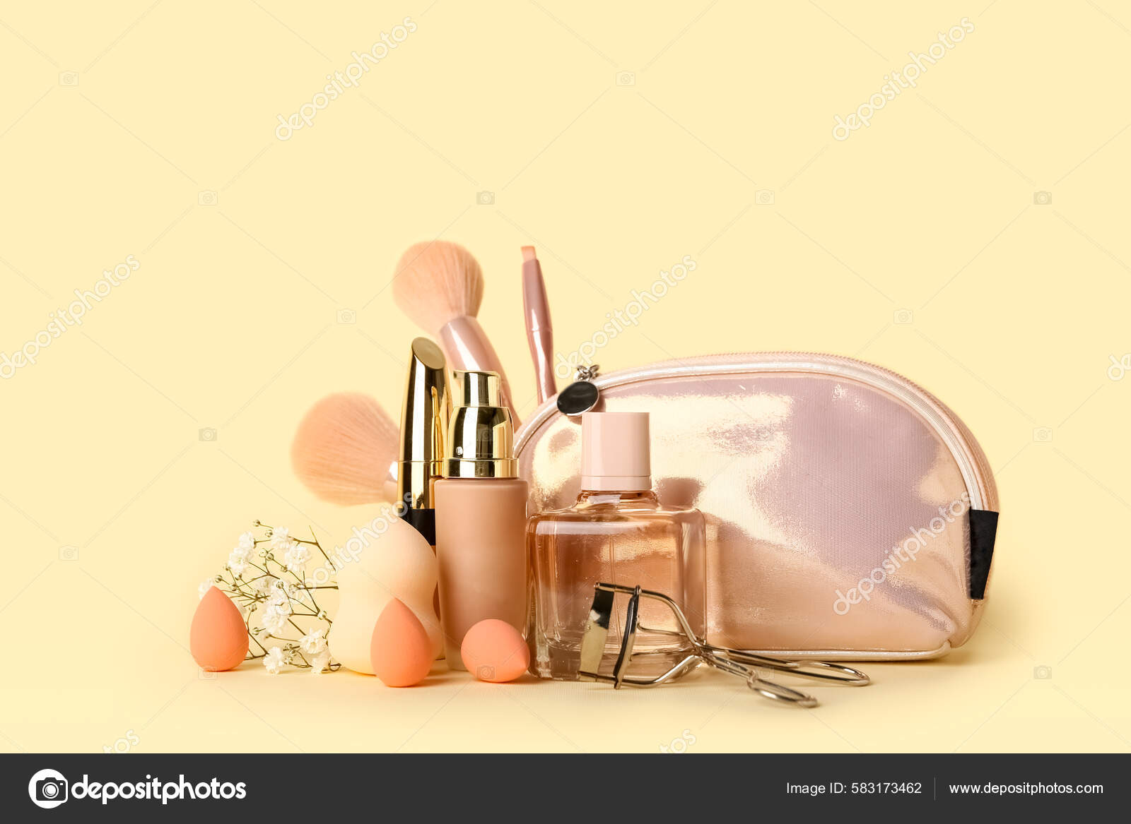 Set Different Cosmetics Makeup Accessories Color Background Stock Photo