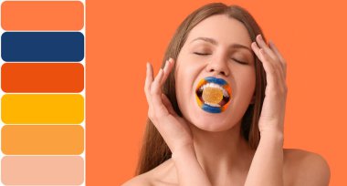 Yaratıcı makyajı ve turuncu arka planda şekeri olan güzel bir genç kadın. Farklı renk desenleri