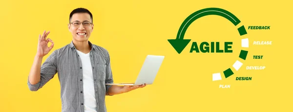Male Asian Programmer Laptop Showing Yellow Background Agile Concept — Stock Photo, Image
